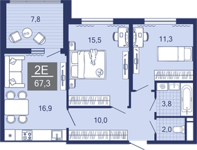 2-комнатная, 59.8 м²