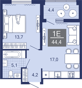 1-комнатная, 39.9 м²