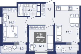 2-комнатная, 55.7 м²