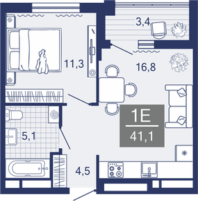 1-комнатная, 37.7 м²