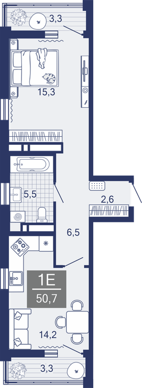 1-комнатная, 44.3 м²