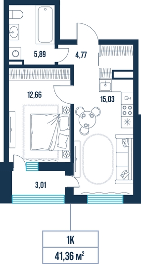 1-комнатная, 41.4 м²