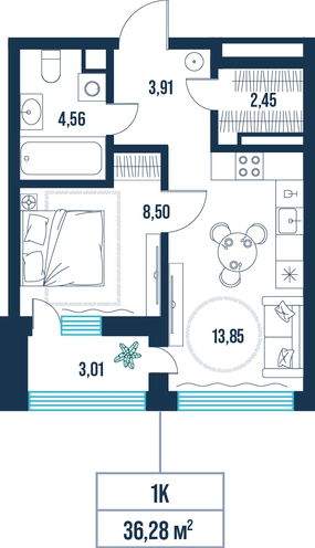 1-комнатная, 36.3 м²