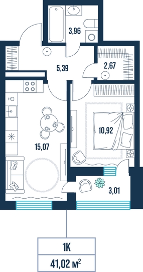 1-комнатная, 41.0 м²