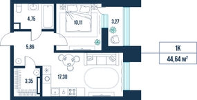 1-комнатная, 44.6 м²