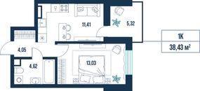 1-комнатная, 38.4 м²