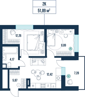 2-комнатная, 51.9 м²