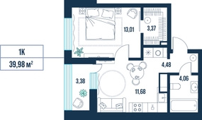 1-комнатная, 40.0 м²