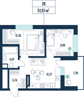 2-комнатная, 51.6 м²