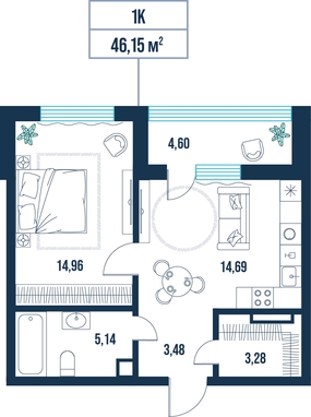 1-комнатная, 46.1 м²