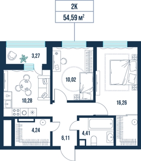 2-комнатная, 54.6 м²