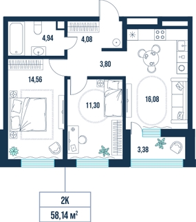 2-комнатная, 58.1 м²