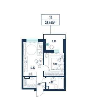 1-комнатная, 38.4 м²