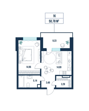 1-комнатная, 50.8 м²