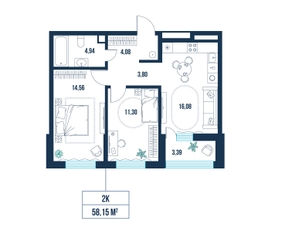 2-комнатная, 58.1 м²