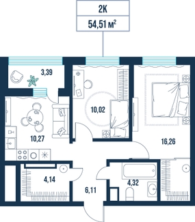 2-комнатная, 54.5 м²